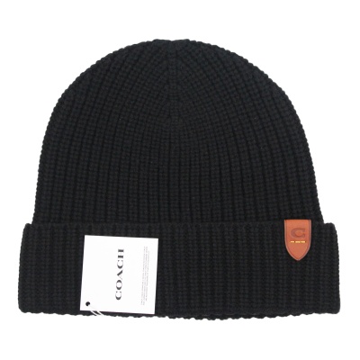 coach-merino-wool-rib-knit-embossed-brown-leather-black-beanie-hat-86553-3