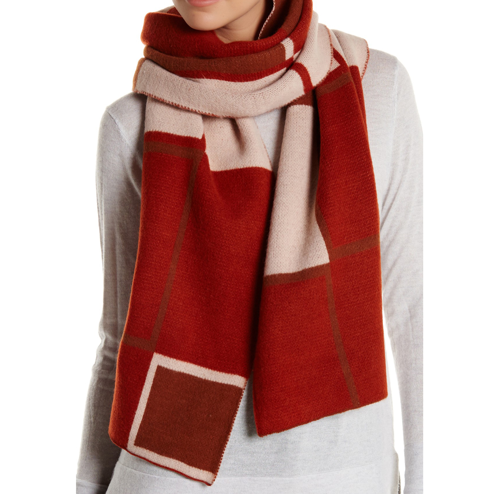 ANNE KLEIN Oversized Geometric Burgundy Blush Knit Wrap Scarf