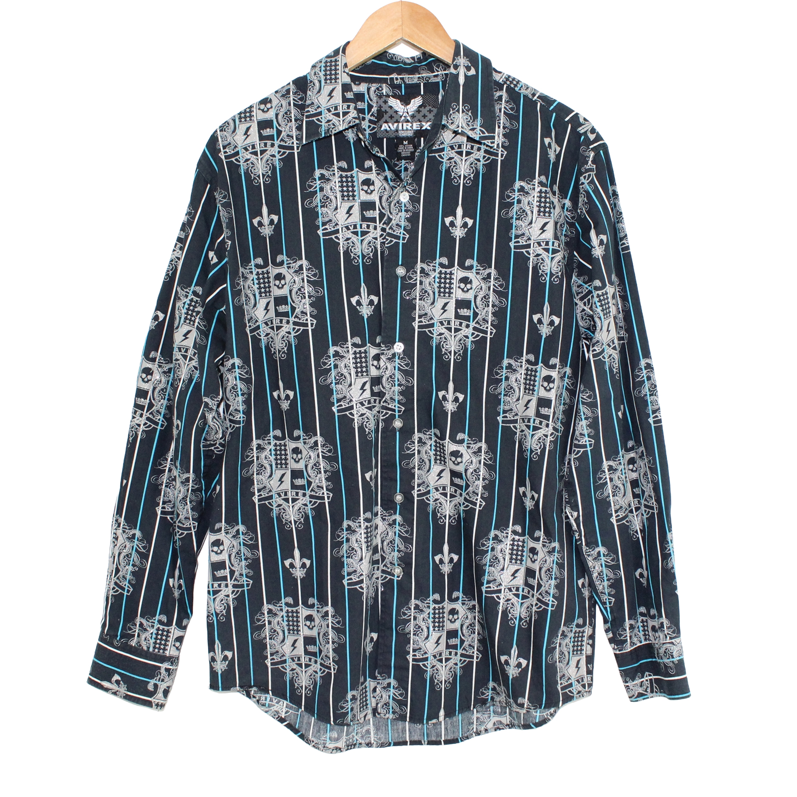 AVIREX Cotton Long Sleeve Button Front Navy Stripe Graphic Shirt - Medium