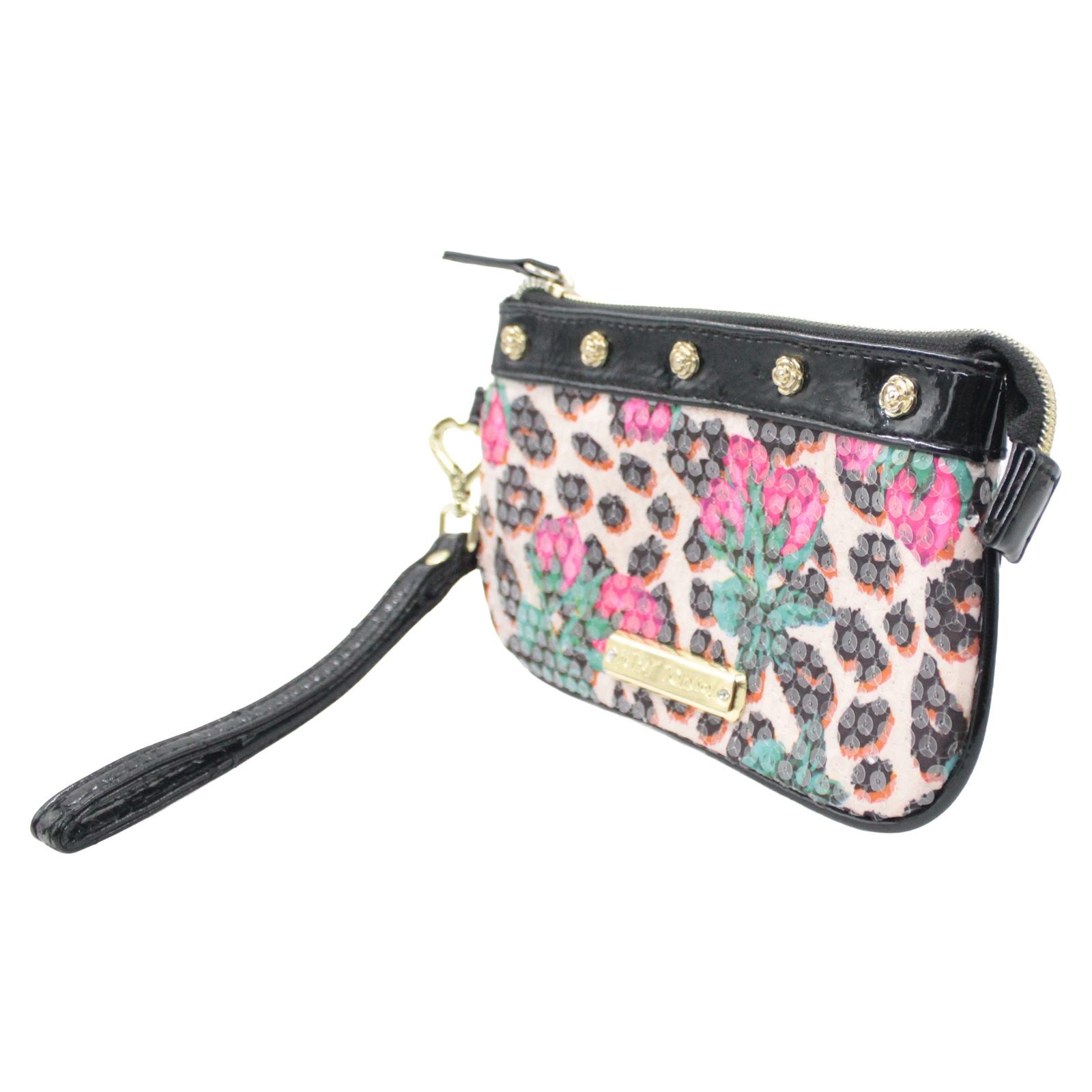 BETSY JOHNSON Sequin Pink Floral Beige Black Gold Wristlet BETSY JOHNSON Sequin Pink Floral Beige Black Gold Wristlet
