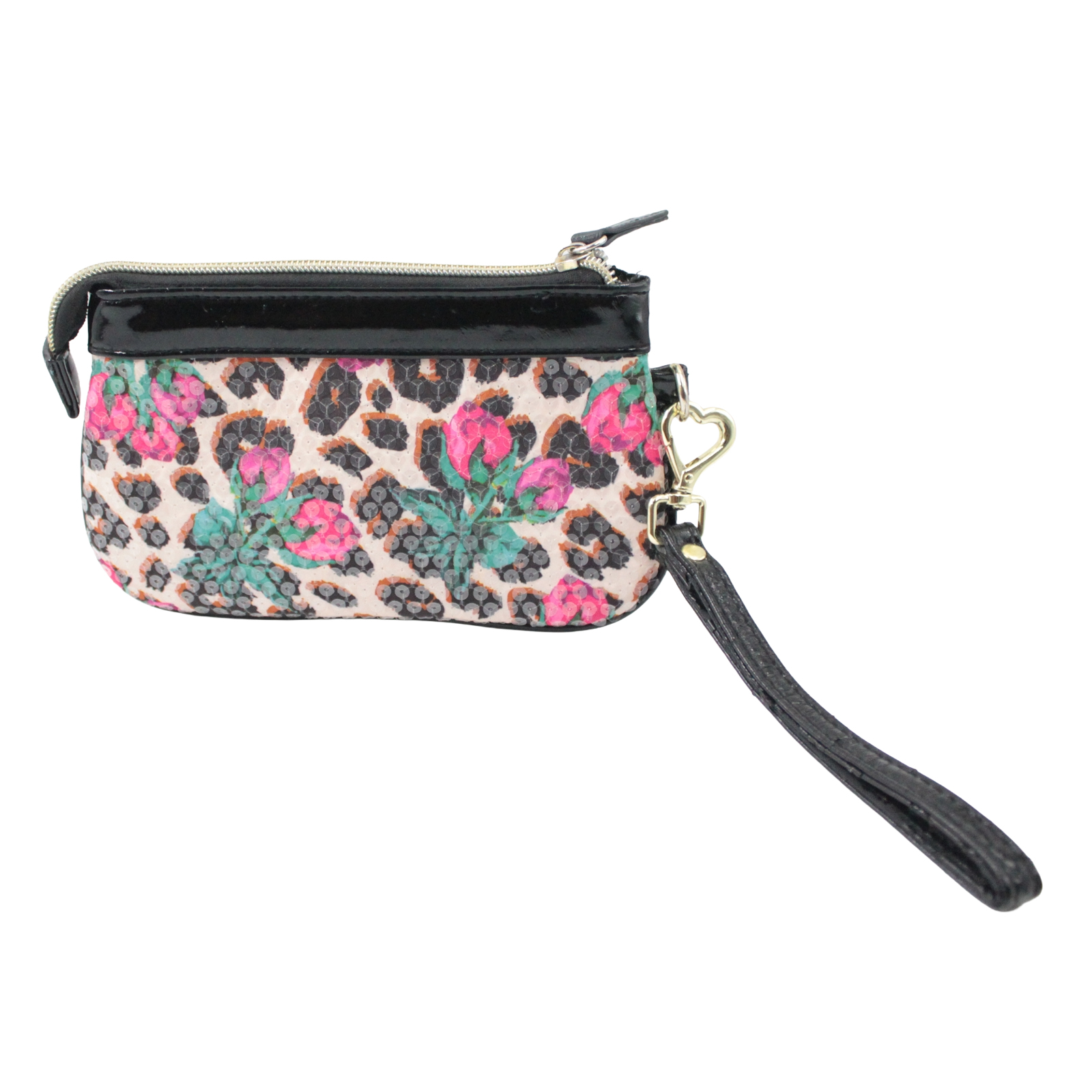 BETSY JOHNSON Sequin Pink Floral Beige Black Gold Wristlet BETSY JOHNSON Sequin Pink Floral Beige Black Gold Wristlet