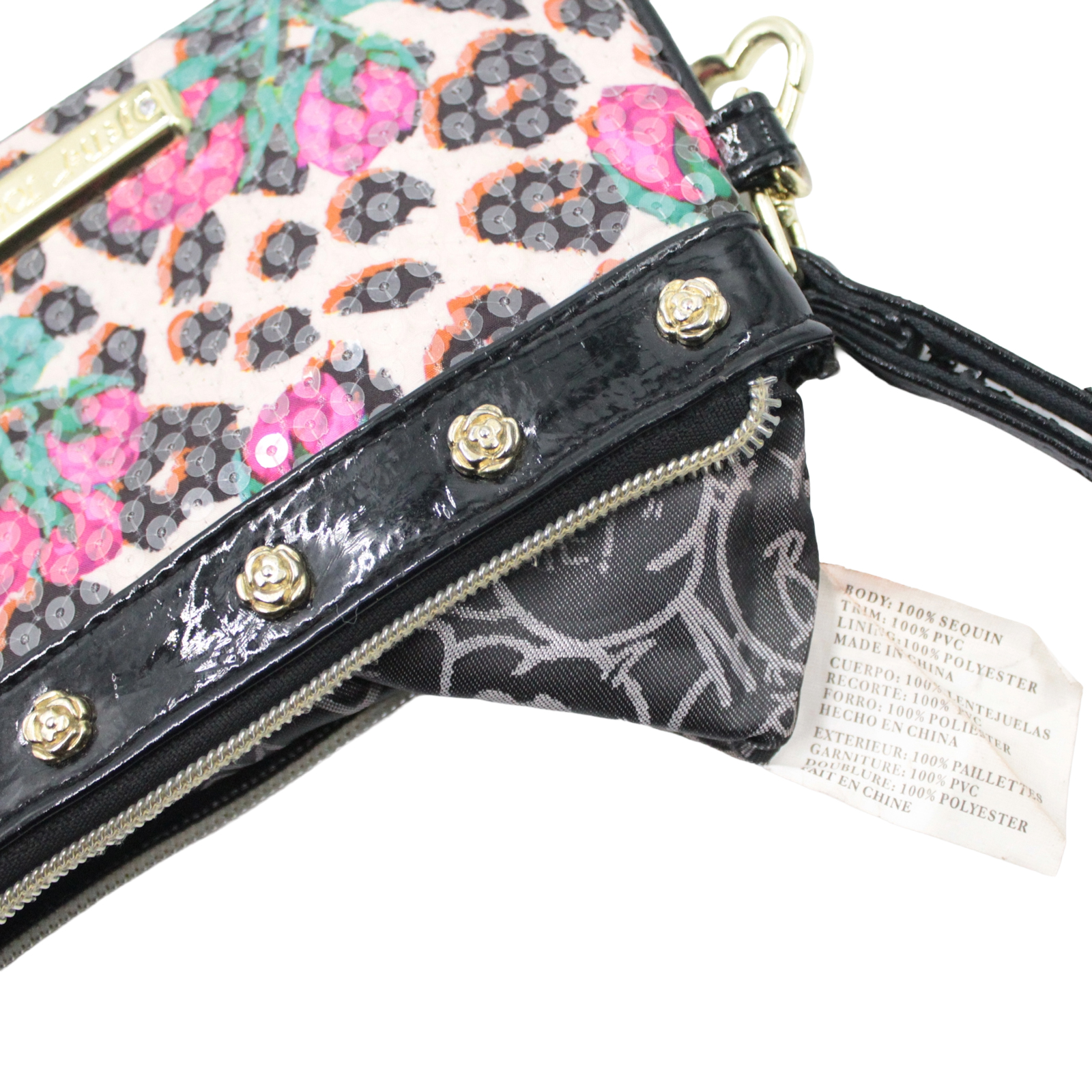BETSY JOHNSON Sequin Pink Floral Beige Black Gold Wristlet BETSY JOHNSON Sequin Pink Floral Beige Black Gold Wristlet