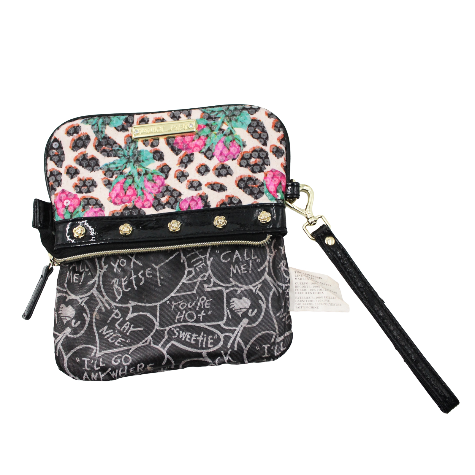 BETSY JOHNSON Sequin Pink Floral Beige Black Gold Wristlet BETSY JOHNSON Sequin Pink Floral Beige Black Gold Wristlet