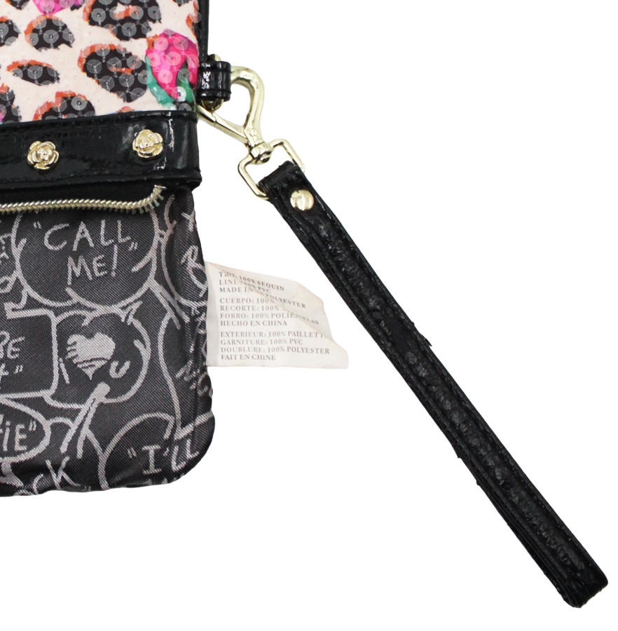 BETSY JOHNSON Sequin Pink Floral Beige Black Gold Wristlet BETSY JOHNSON Sequin Pink Floral Beige Black Gold Wristlet