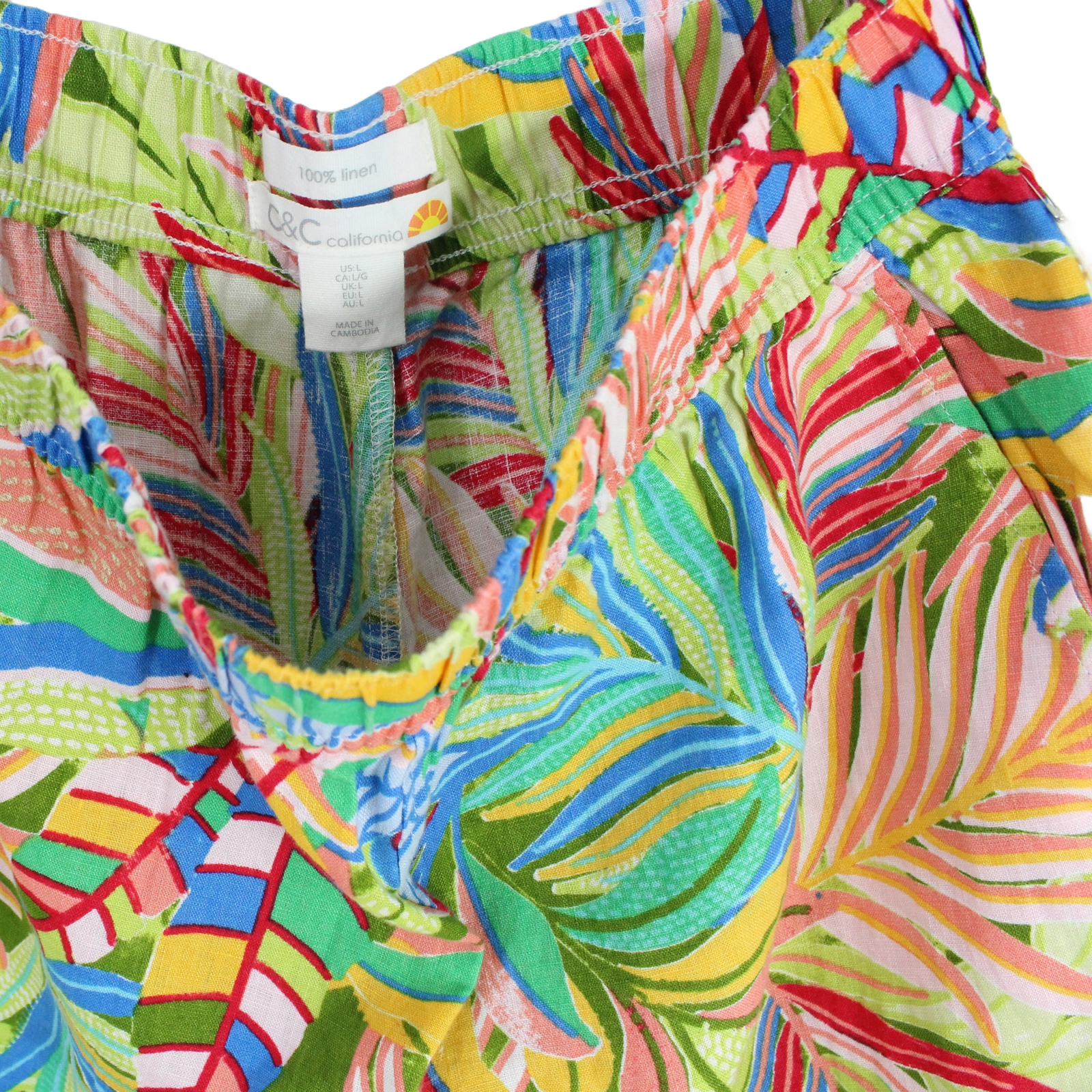 C&C CALIFORNIA Linen Wide Leg Elastic Waist Pockets Multi-color Pants - Large C&C CALIFORNIA Linen Wide Leg Elastic Waist Pockets Multi-color Pants - Large