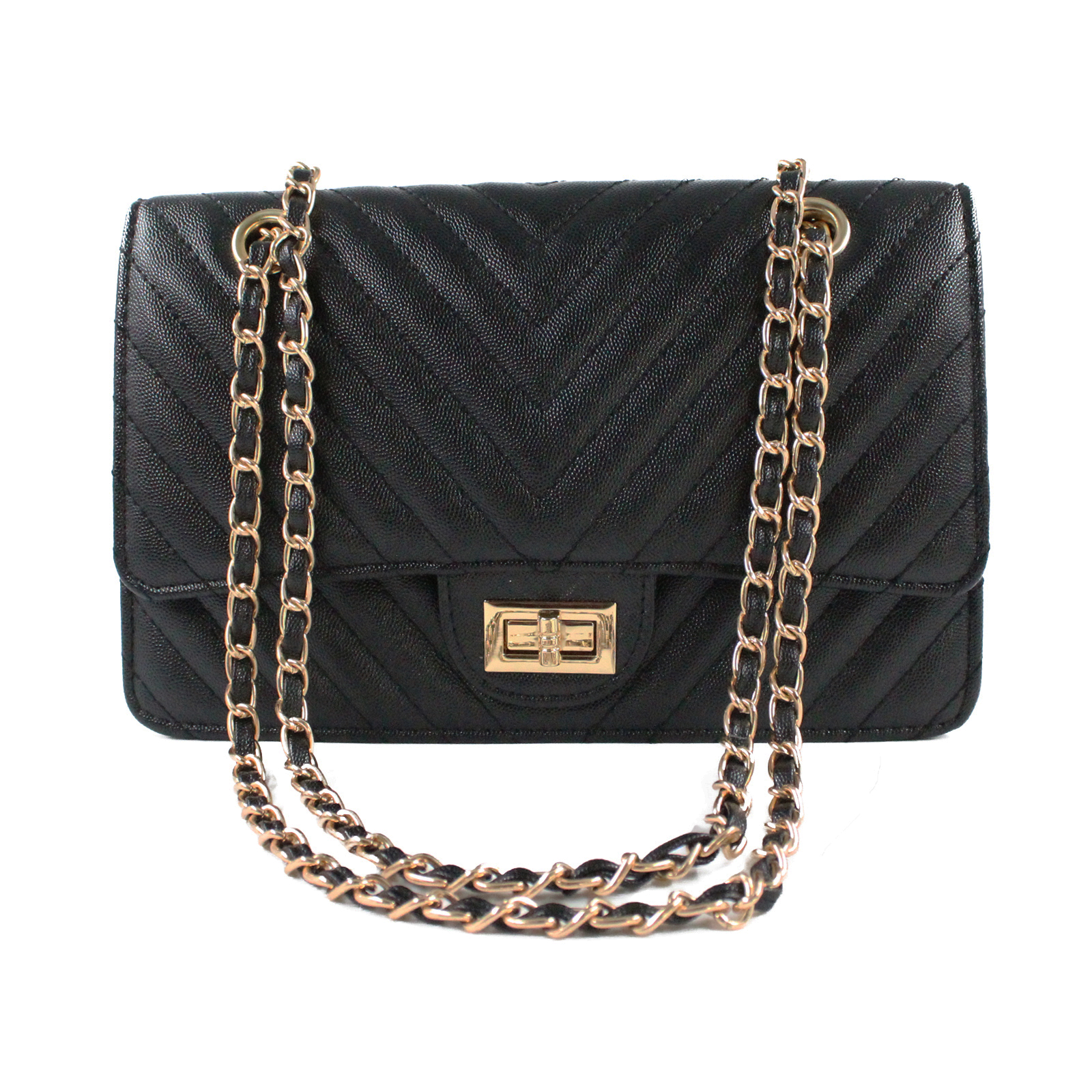 Chevron Quilted Shoulder Crossbody Gold Chain Black Bag