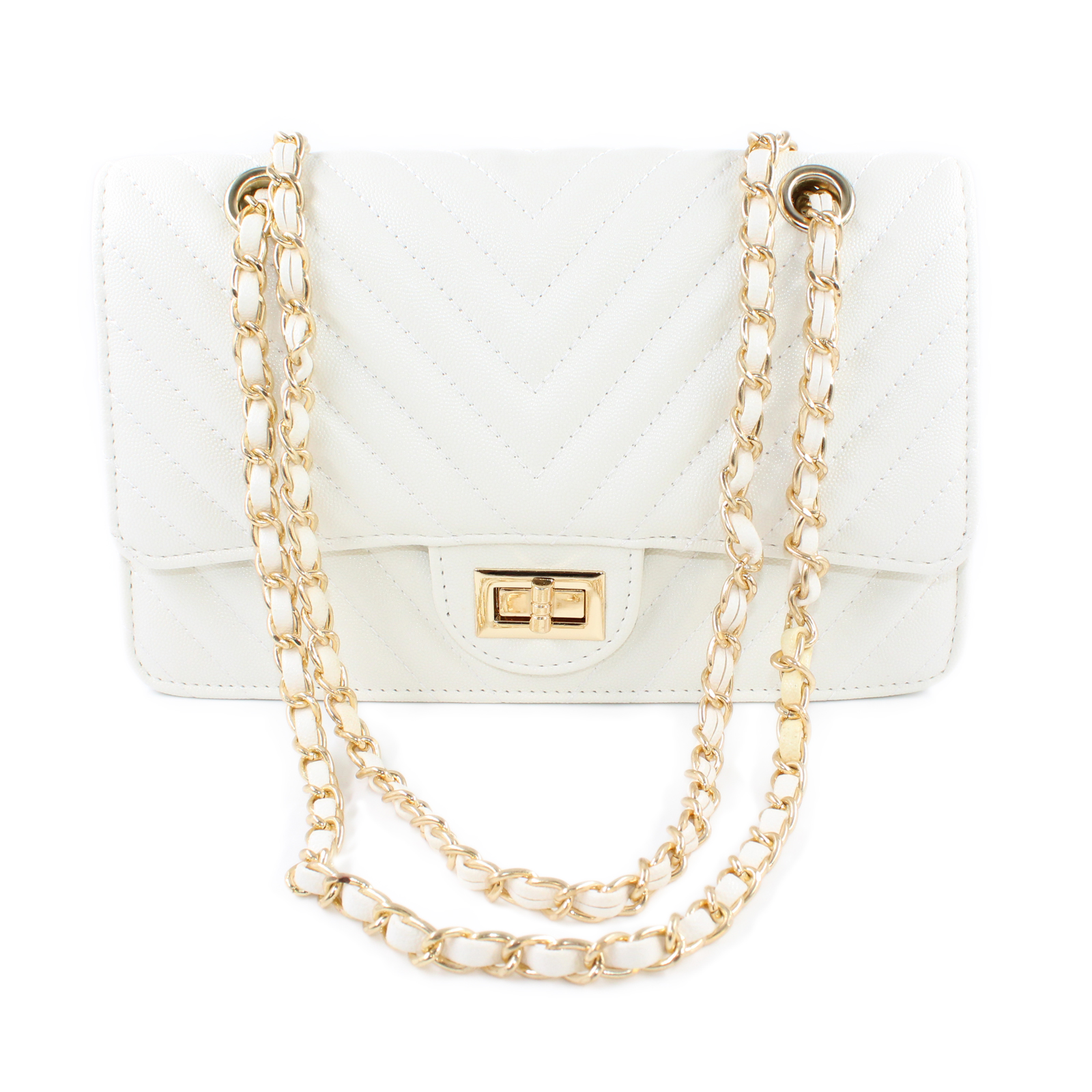 Chevron Quilted Shoulder Crossbody Gold Chain White Bag