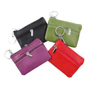 Leather Coin Card Holder Zip Compartments Key Ring Pouch Wallet