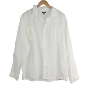 DENVER HAYES Linen Button Front Pockets Long Sleeve White Shirt - Large