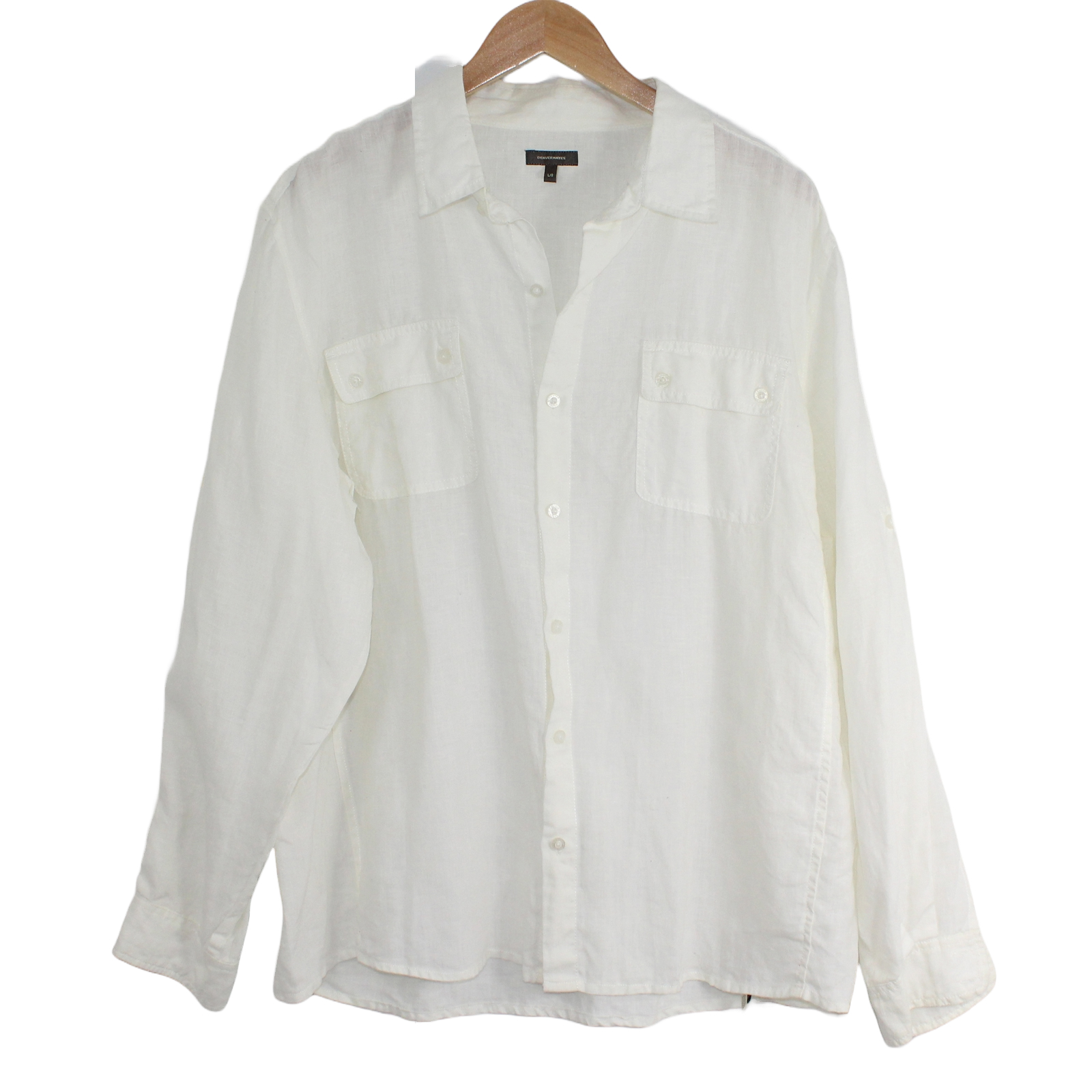 DENVER HAYES Linen Button Front Pockets Long Sleeve White Shirt - Large DENVER HAYES Linen Button Front Pockets Long Sleeve White Shirt - Large