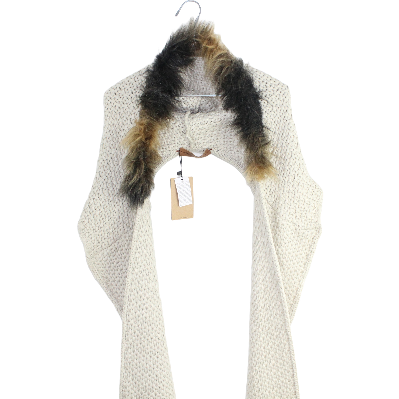 DSQUARED2 Cable Chunky Knit Hooded Faux Fur Wrap Ivory Scarf