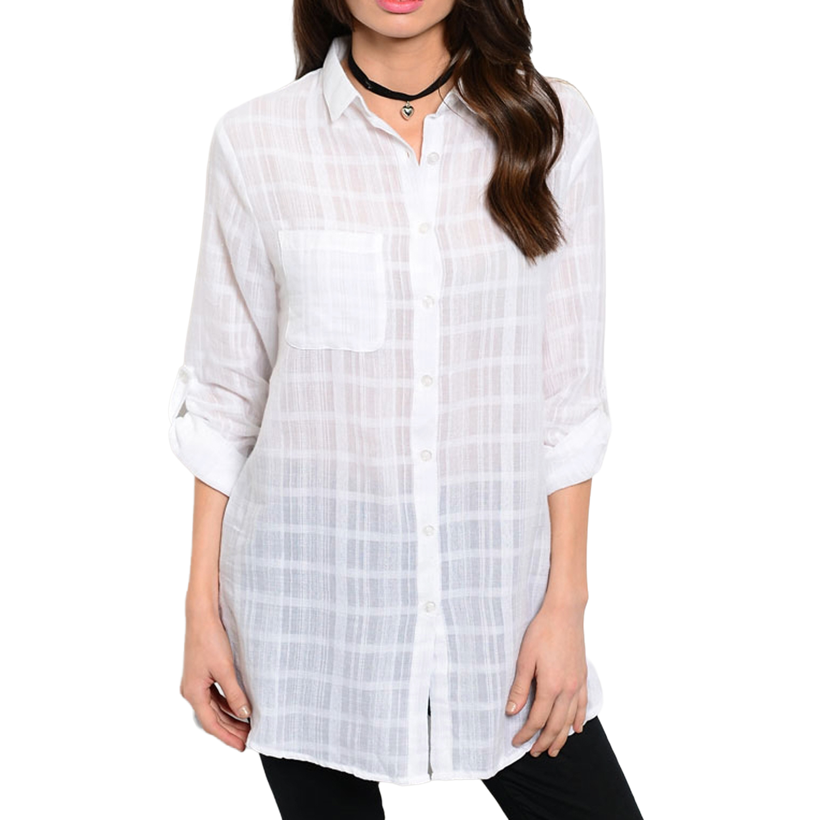 EN CREME Cotton Long Sleeve Button Front Sheer White Blouse Shirt Top