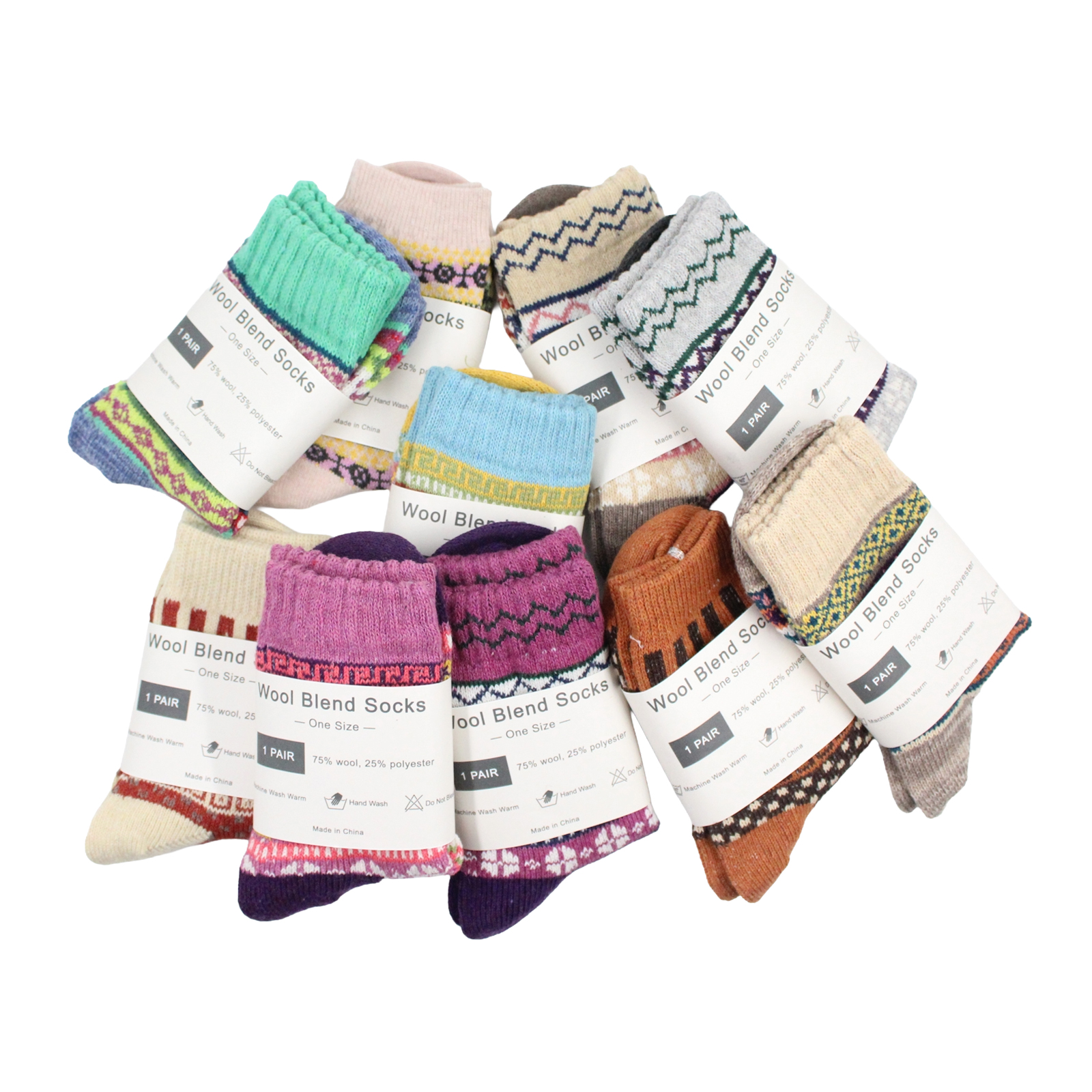 Fair Isle Wool Blend Crew Socks - One Size