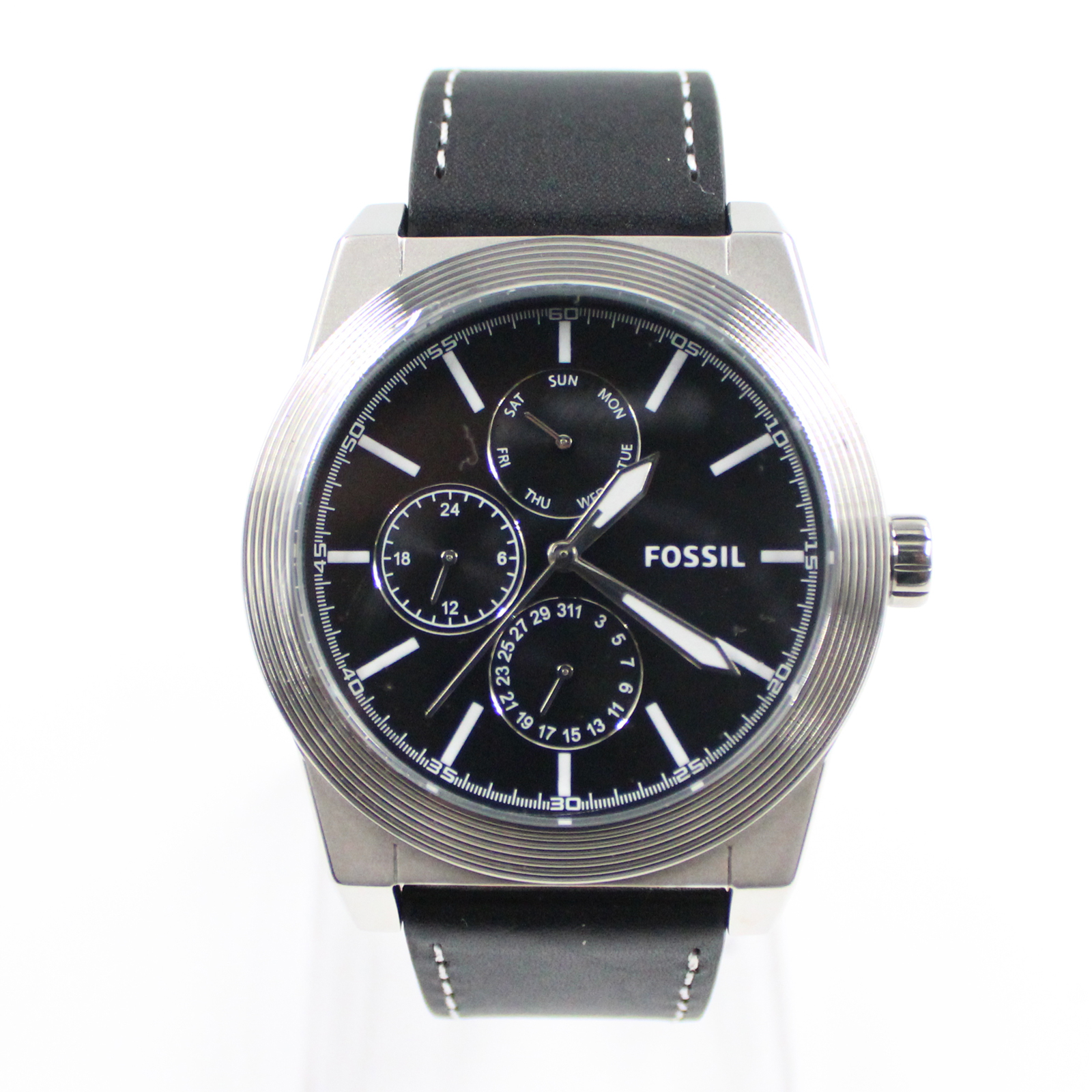 FOSSIL Geoff Multifunction Analog Silver Case Black Leather Watch - BQ2334