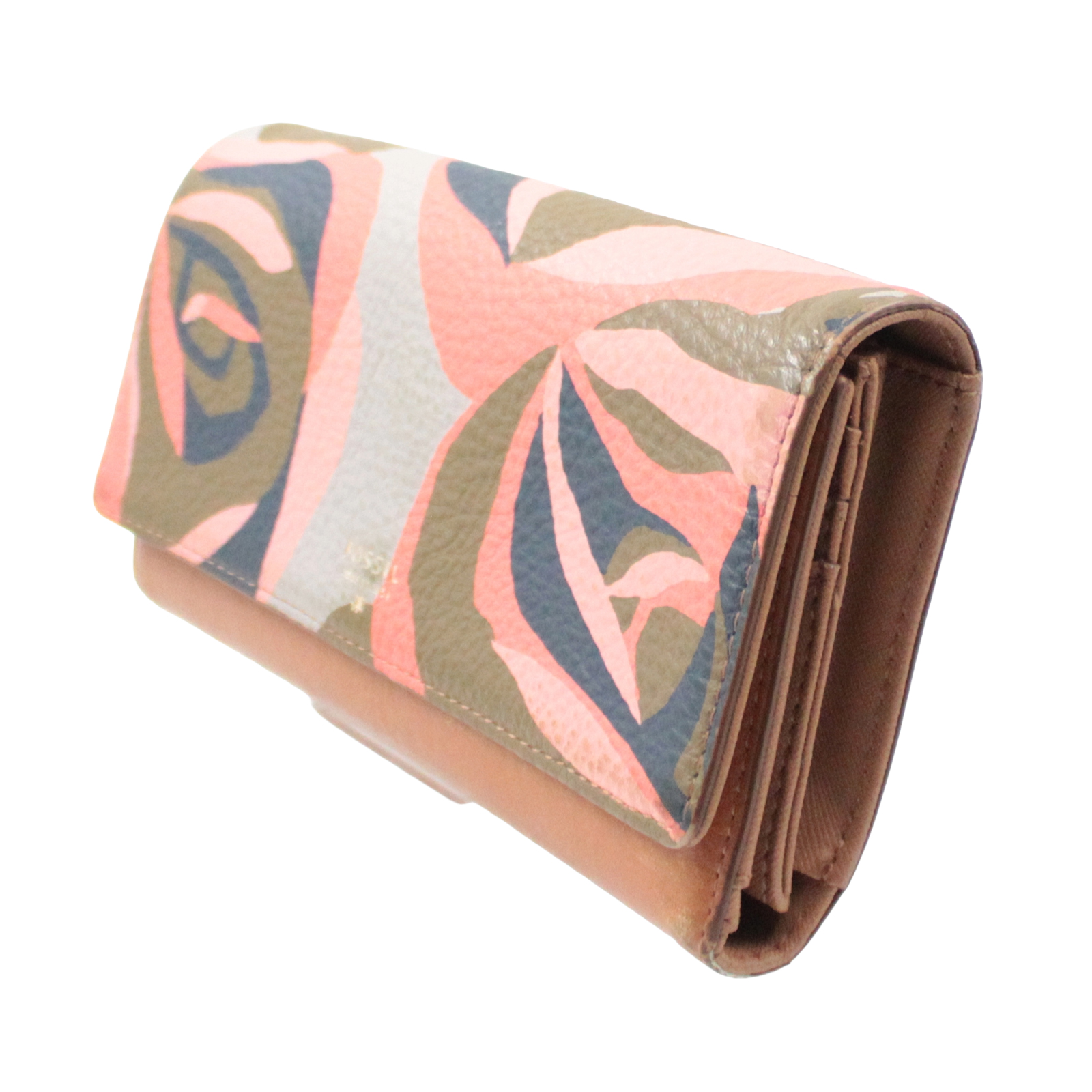 FOSSIL Leather Credit Card Slots Bill Compartments Brown Pink Multi-color Wallet FOSSIL Leather Credit Card Slots Bill Compartments Brown Pink Multi-color Wallet