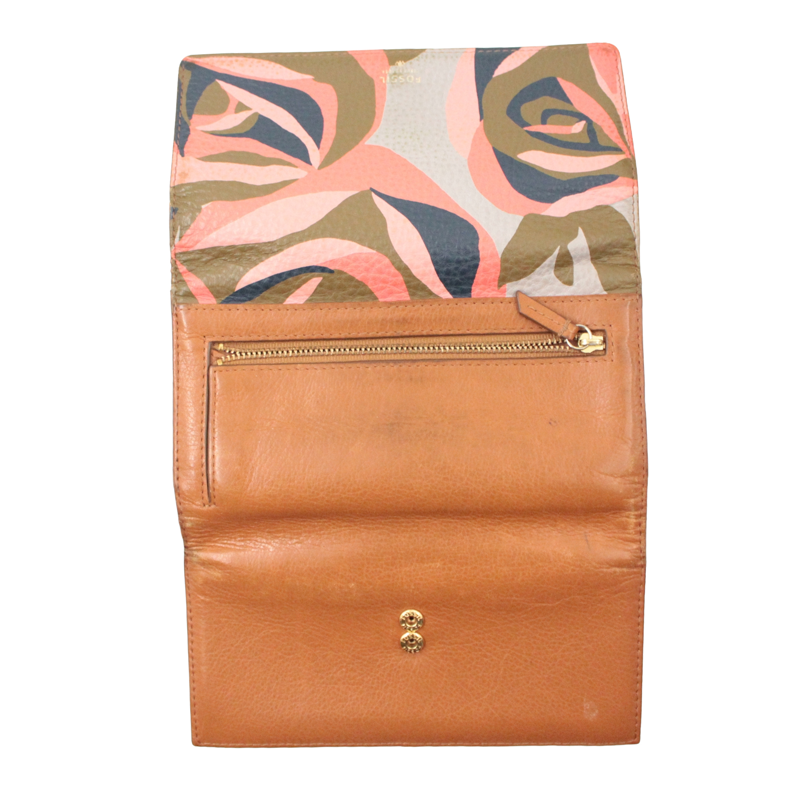 FOSSIL Leather Credit Card Slots Bill Compartments Brown Pink Multi-color Wallet FOSSIL Leather Credit Card Slots Bill Compartments Brown Pink Multi-color Wallet
