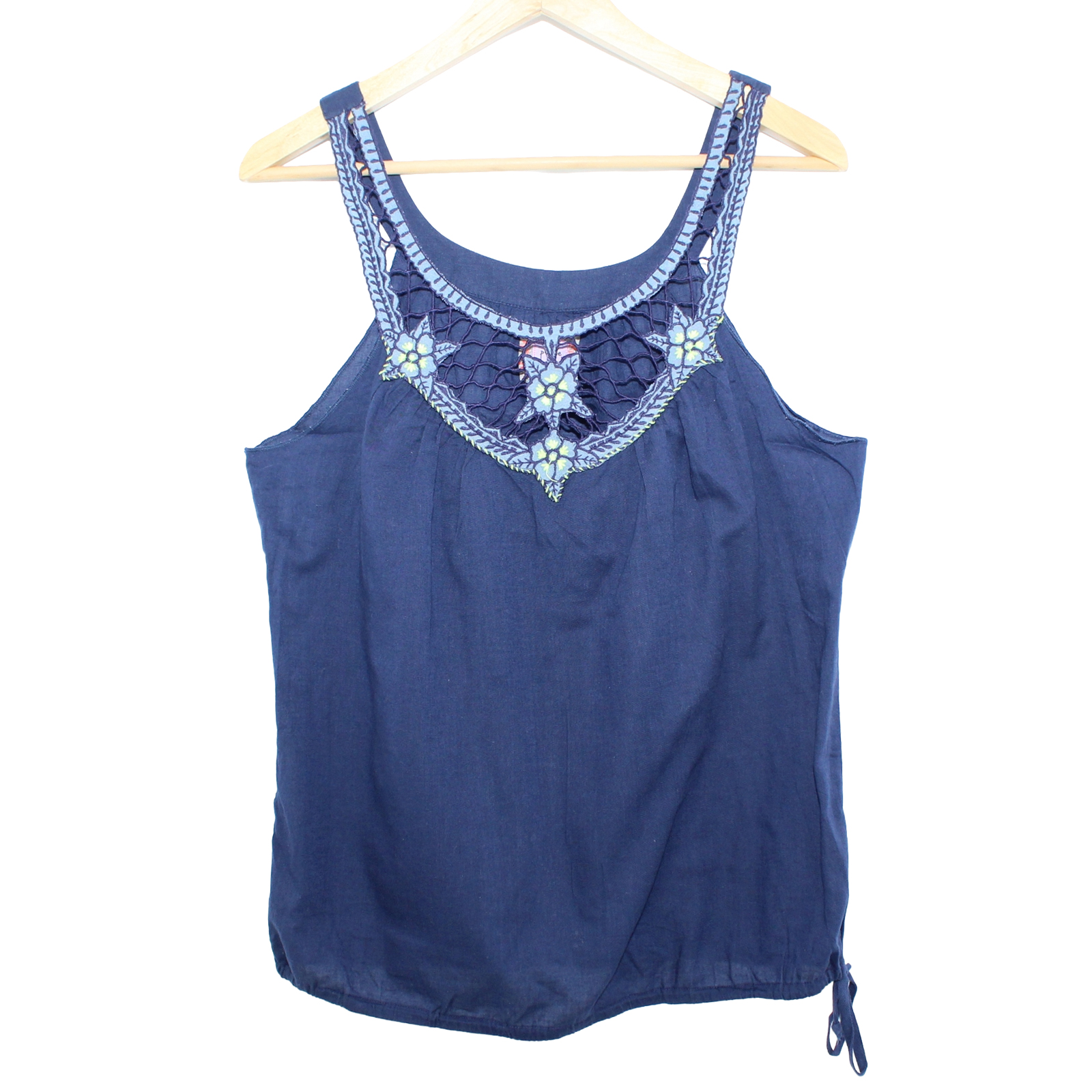 FREE PEOPLE Cotton Embroidered Drawstring Hem Blue Sleeveless Top - XS