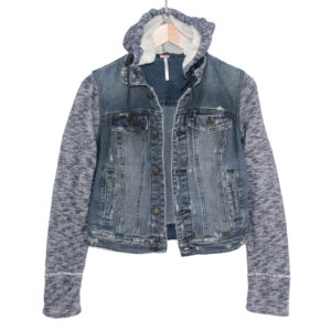 FREE PEOPLE Cotton Hoodie Distressed Mixed-media Blue Jeans Jacket - Small