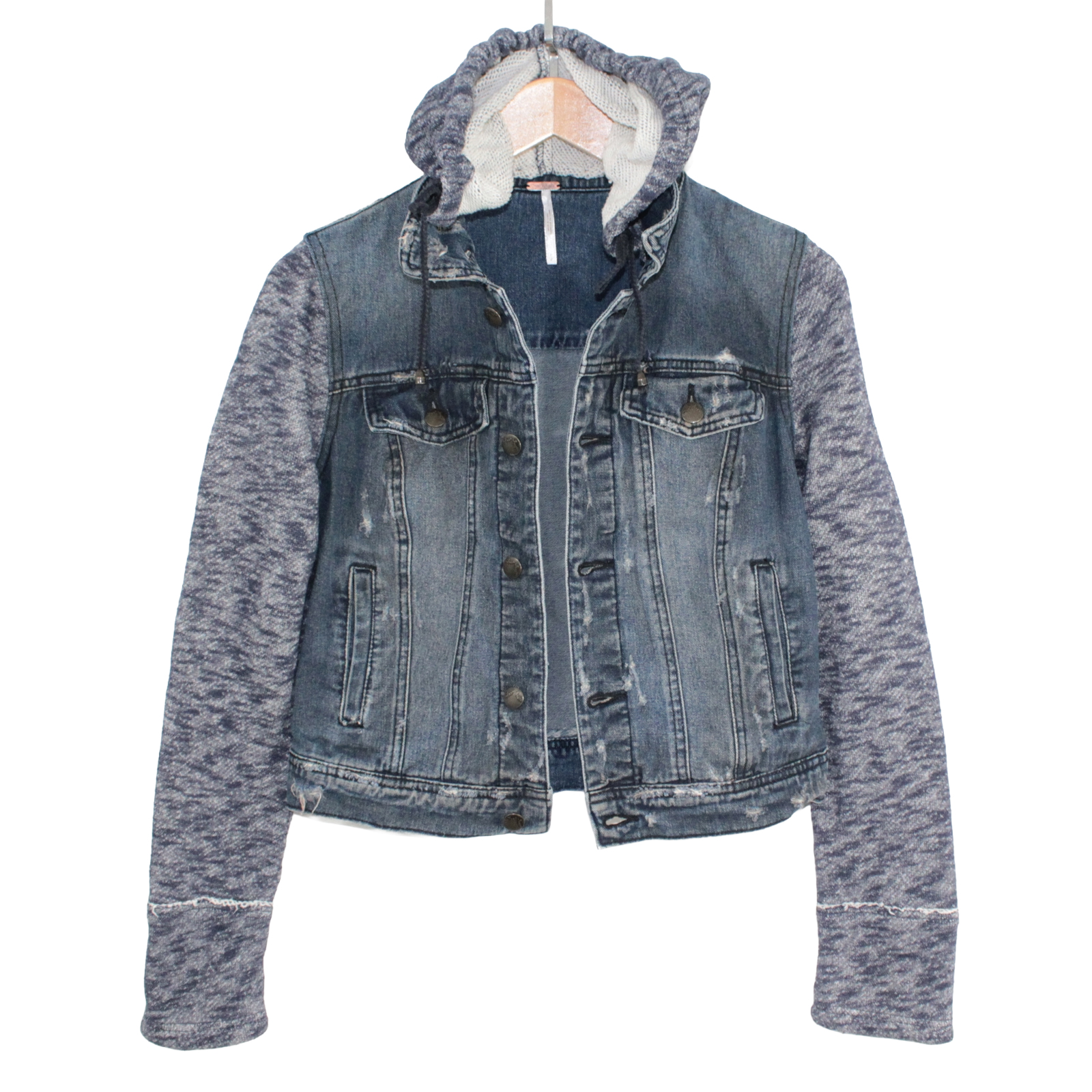 FREE PEOPLE Cotton Hoodie Distressed Mixed-media Blue Jeans Jacket - Small FREE PEOPLE Cotton Hoodie Distressed Mixed-media Blue Jeans Jacket - Small