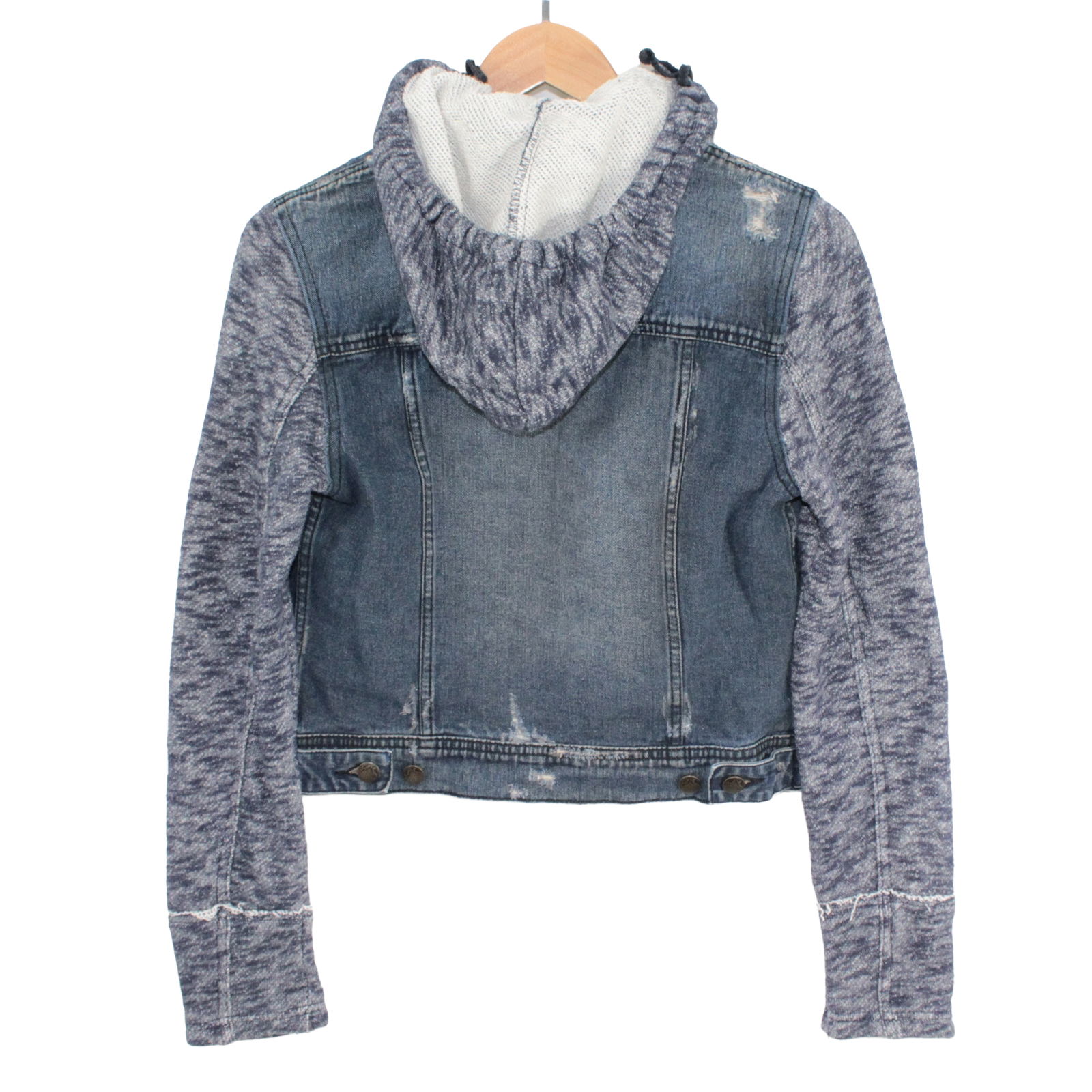 FREE PEOPLE Cotton Hoodie Distressed Mixed-media Blue Jeans Jacket - Small FREE PEOPLE Cotton Hoodie Distressed Mixed-media Blue Jeans Jacket - Small