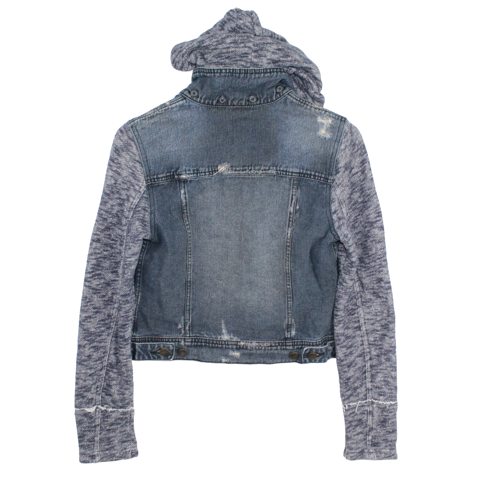 FREE PEOPLE Cotton Hoodie Distressed Mixed-media Blue Jeans Jacket - Small FREE PEOPLE Cotton Hoodie Distressed Mixed-media Blue Jeans Jacket - Small