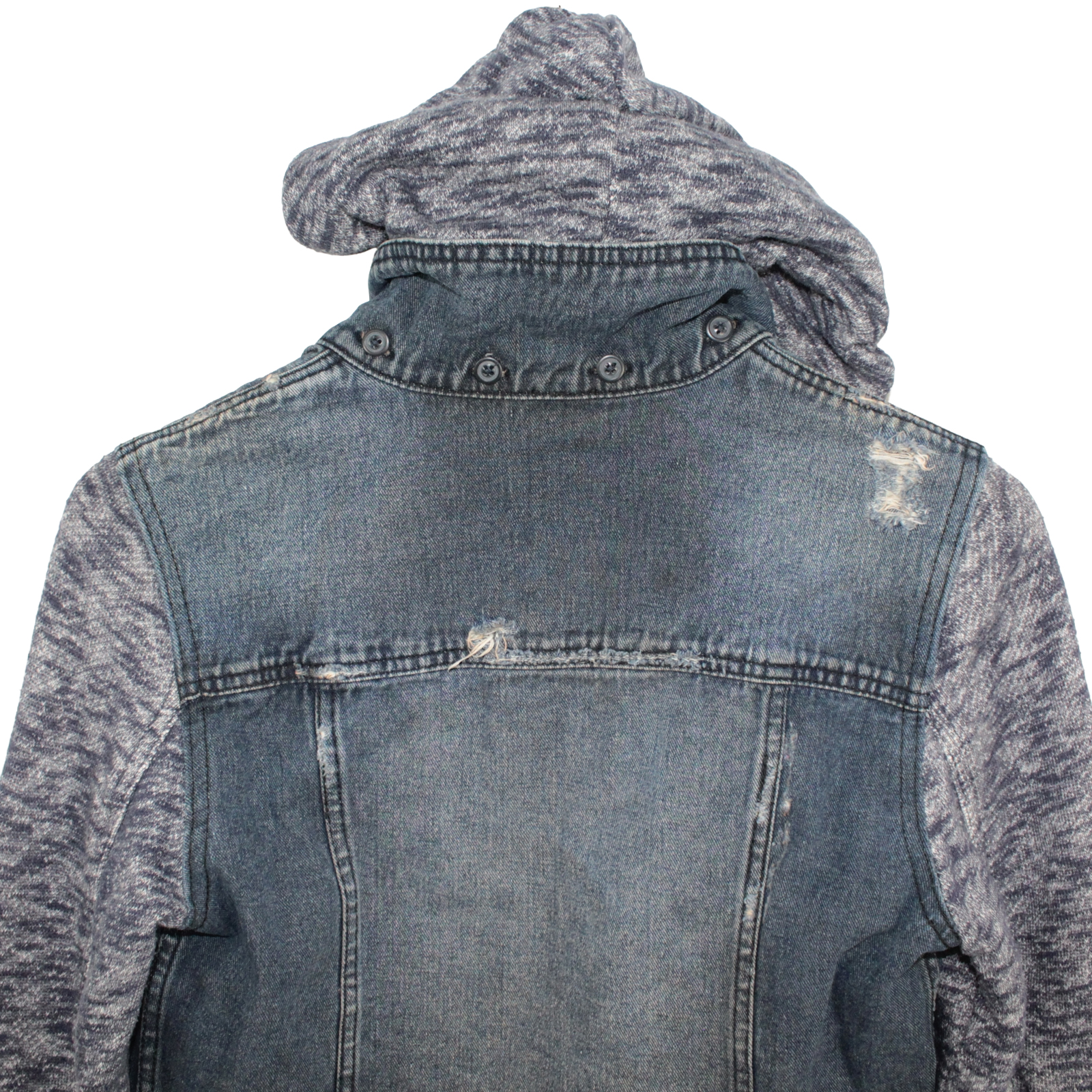 FREE PEOPLE Cotton Hoodie Distressed Mixed-media Blue Jeans Jacket - Small FREE PEOPLE Cotton Hoodie Distressed Mixed-media Blue Jeans Jacket - Small