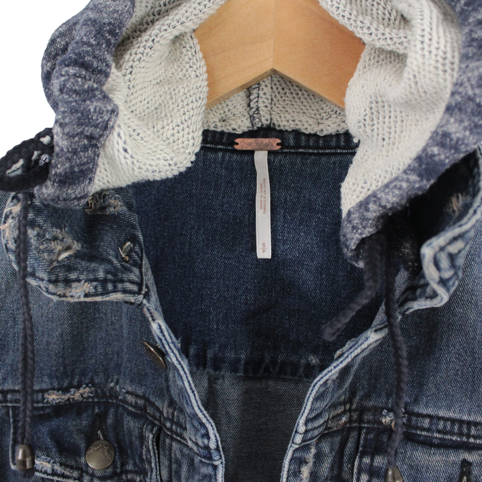 FREE PEOPLE Cotton Hoodie Distressed Mixed-media Blue Jeans Jacket - Small FREE PEOPLE Cotton Hoodie Distressed Mixed-media Blue Jeans Jacket - Small