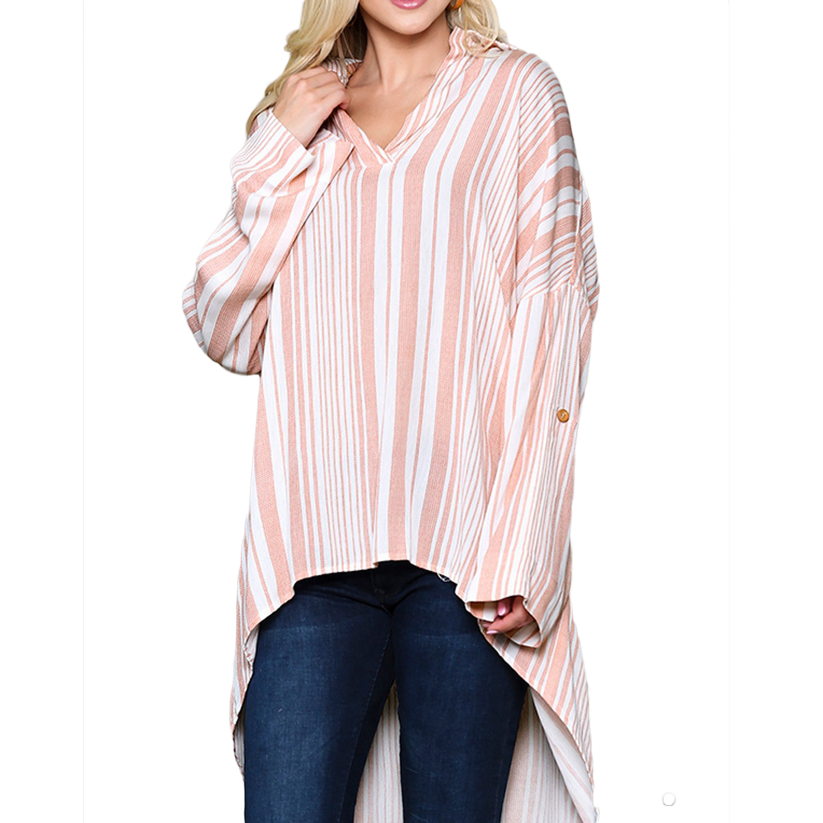 GIGIO Rayon Relax Oversize Fit Striped vNeck Long Sleeve Shirt