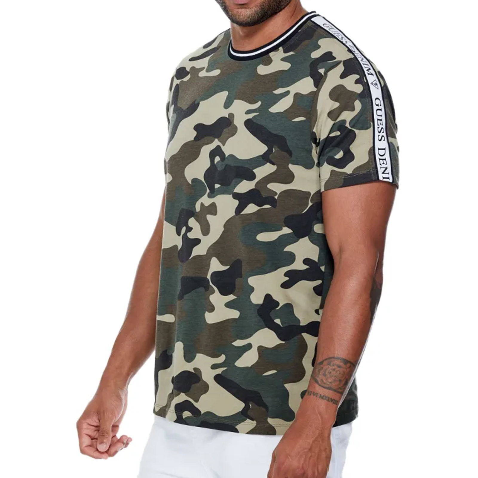 GUESS Hyatt Crewneck Cotton Blend Camo Logo Stripe Short Sleeves Tshirt