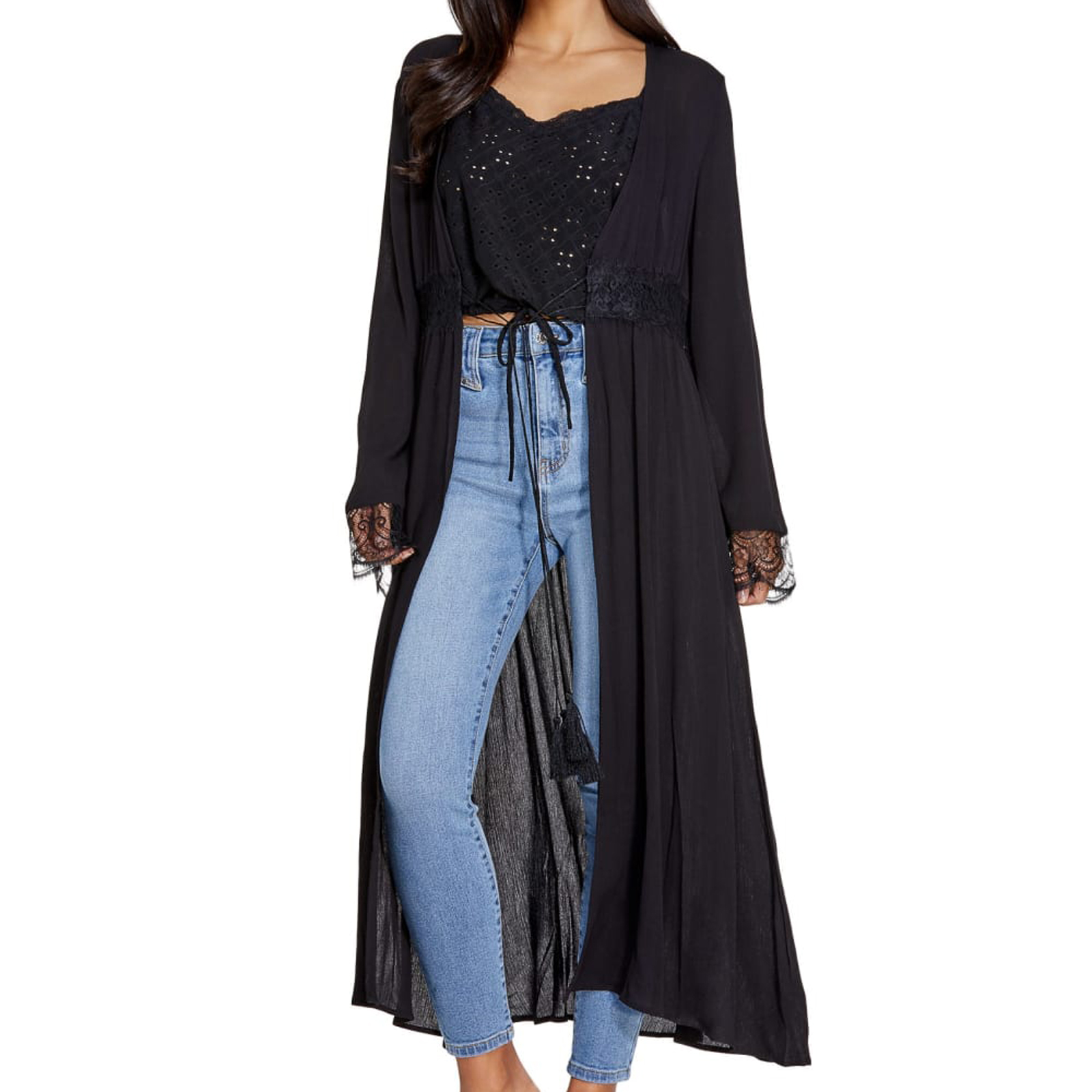GUESS Malia Lace Rayon Open Tie Front Black Robe