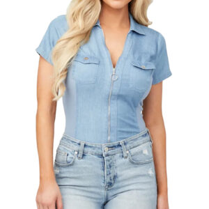 GUESS Palmer Cotton Blend Zip-Front Short Sleeve Blue Top