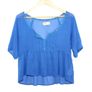 HOLLISTER Short Sleeve Loose Fit Sheer Lightweight Crop Blue White Top - Medium