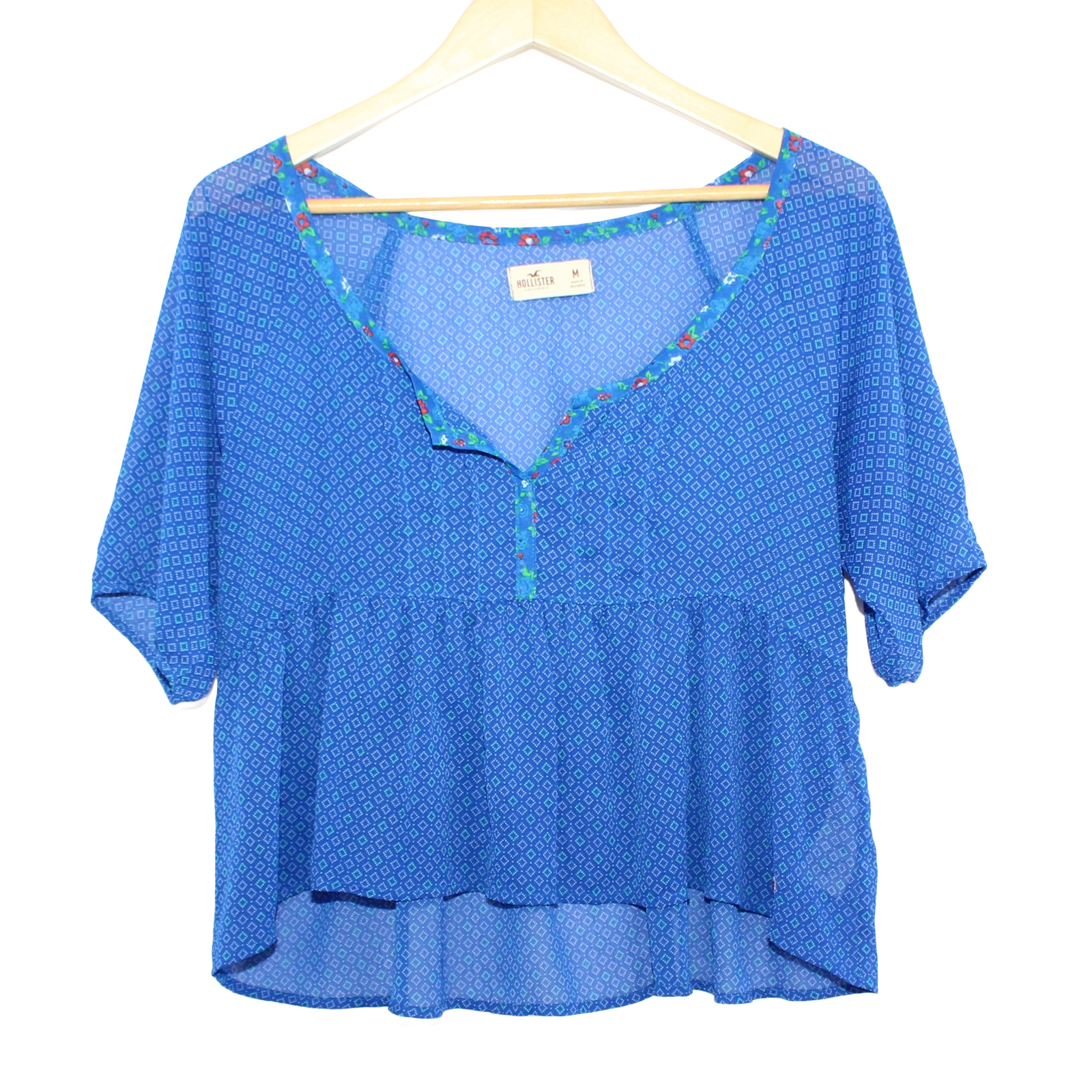 HOLLISTER Short Sleeve Loose Fit Sheer Lightweight Crop Blue White Top - Medium