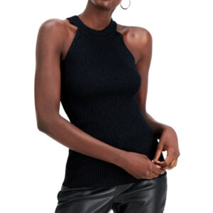 INC INTERNATIONAL Rayon Blend Halter Metallic Stretchy Black Top - Large