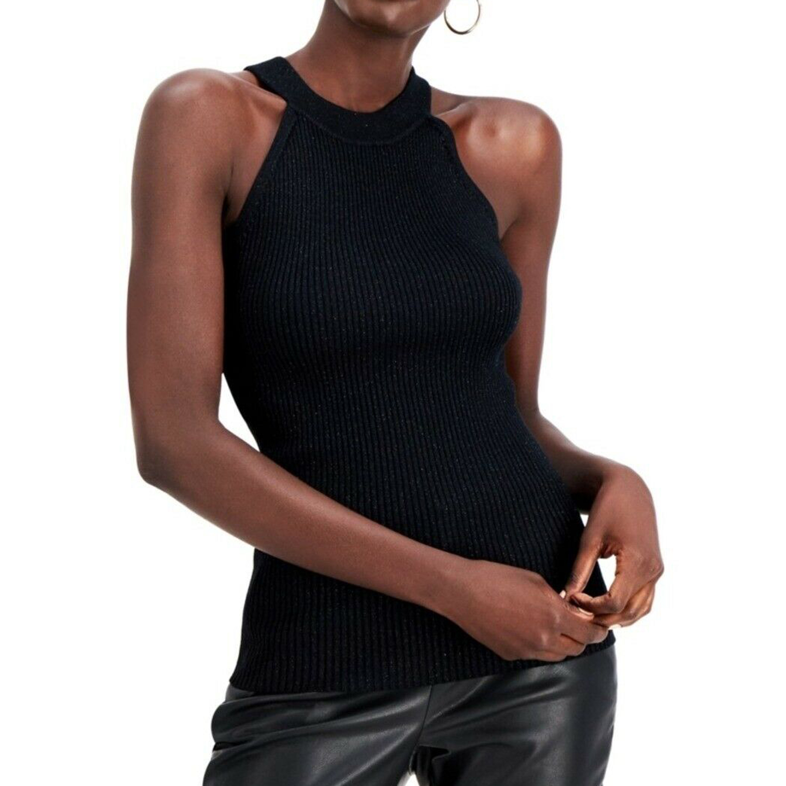 INC INTERNATIONAL Rayon Blend Halter Metallic Stretchy Black Top - Large INC INTERNATIONAL Rayon Blend Halter Metallic Stretchy Black Top - Large