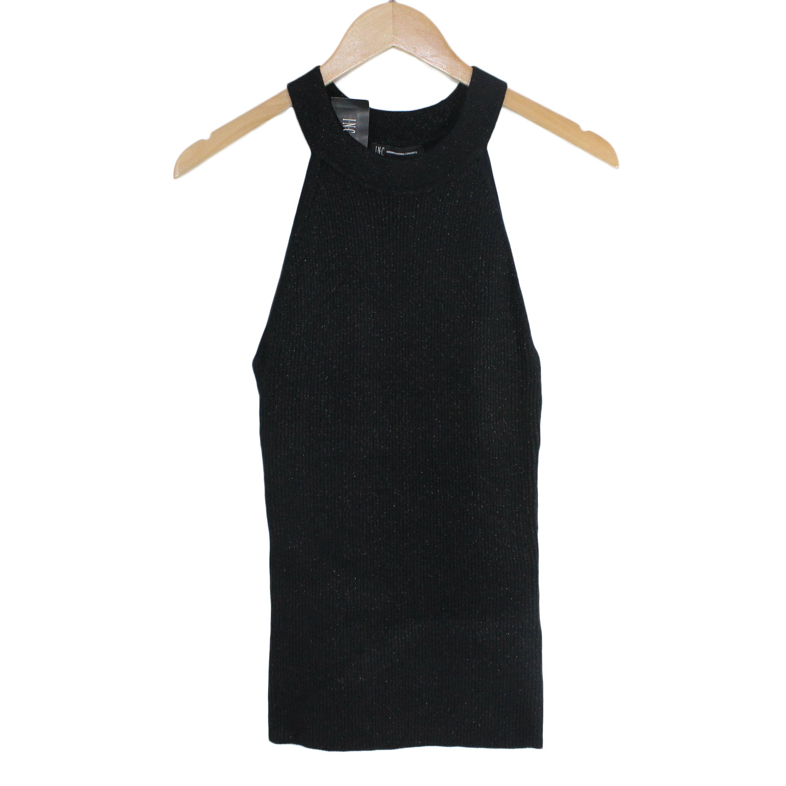 INC INTERNATIONAL Rayon Blend Halter Metallic Stretchy Black Top - Large INC INTERNATIONAL Rayon Blend Halter Metallic Stretchy Black Top - Large
