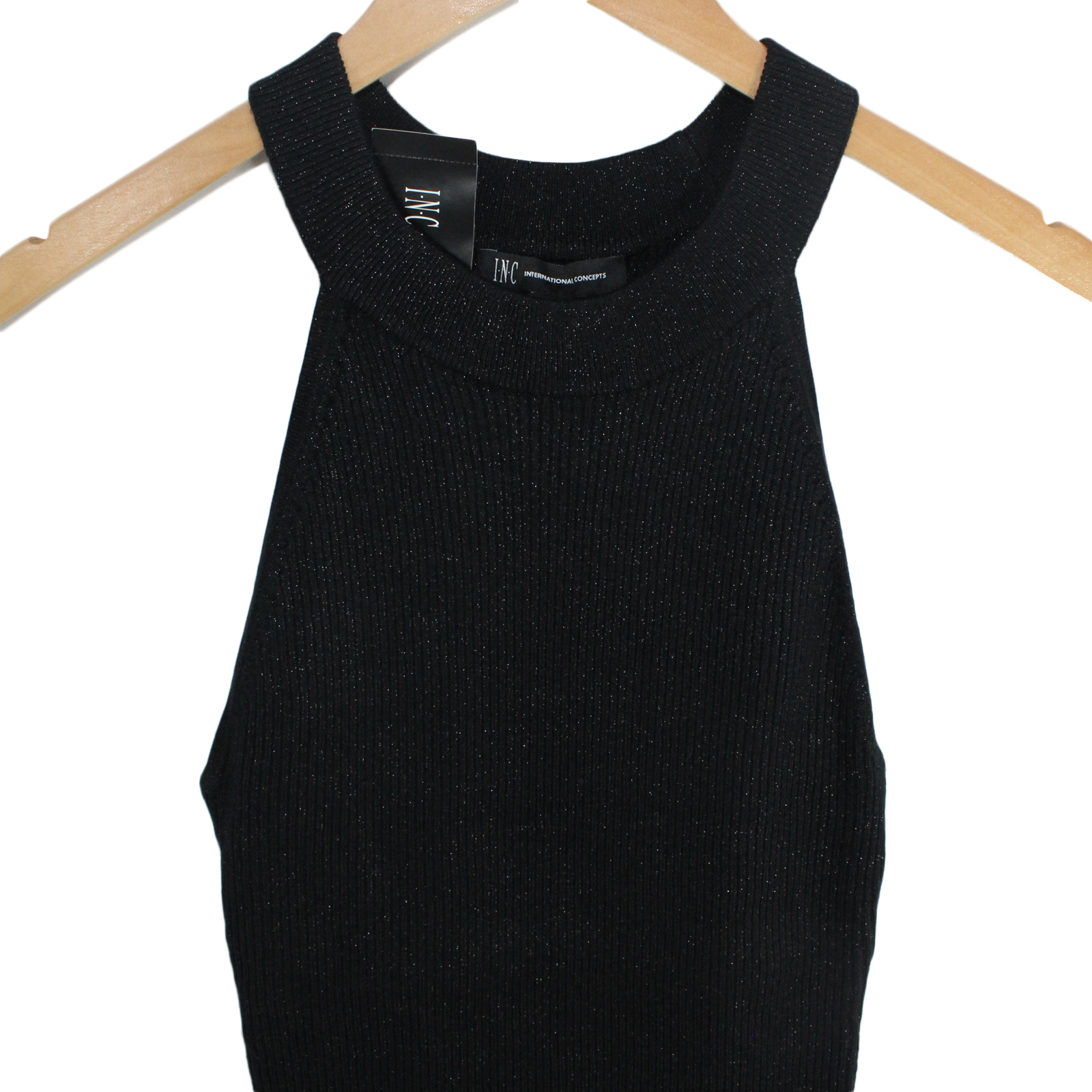INC INTERNATIONAL Rayon Blend Halter Metallic Stretchy Black Top - Large INC INTERNATIONAL Rayon Blend Halter Metallic Stretchy Black Top - Large