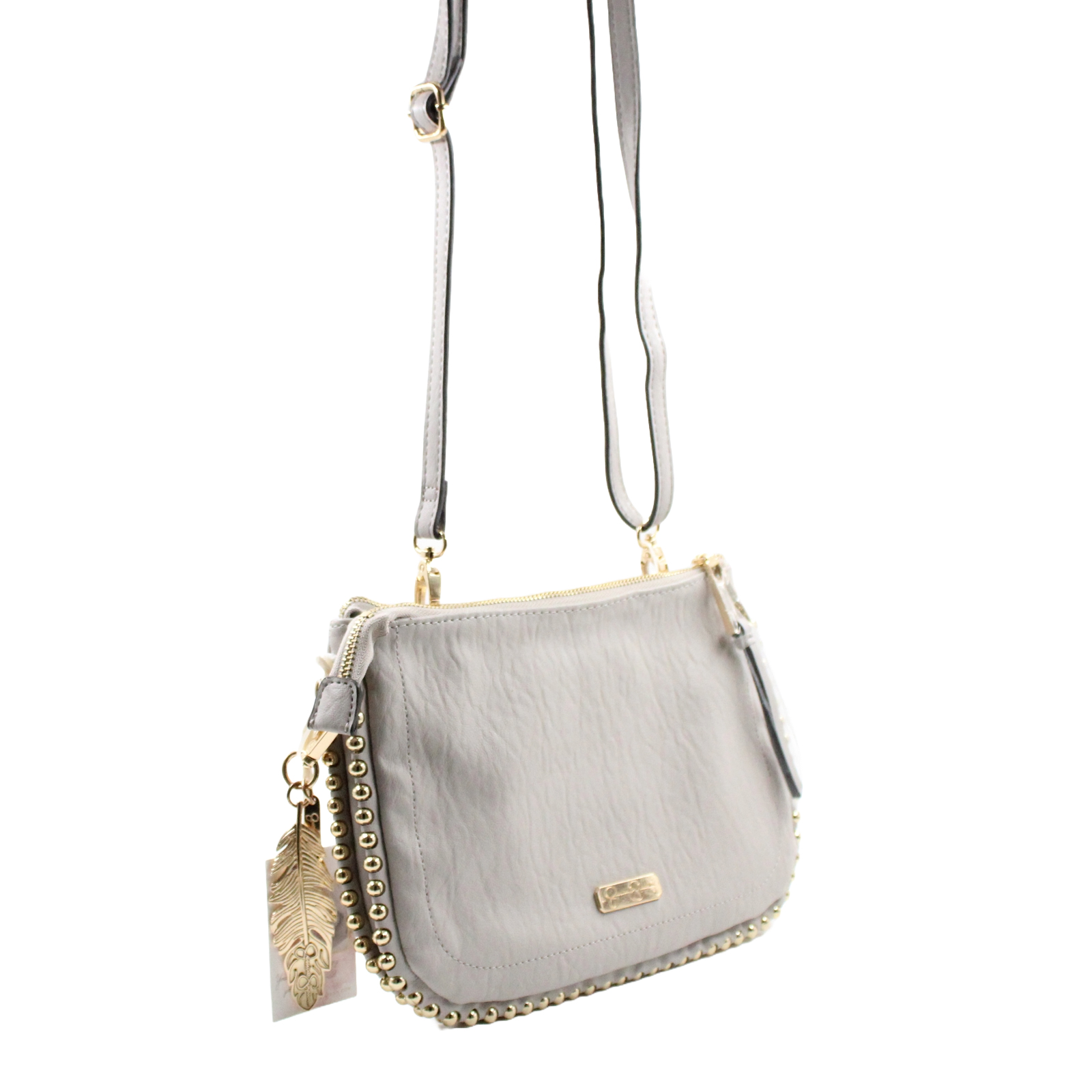 JESSICA SIMPSON Camille Faux Leather Gold Studded Crossbody Grey Bag JESSICA SIMPSON Camille Faux Leather Gold Studded Crossbody Grey Bag