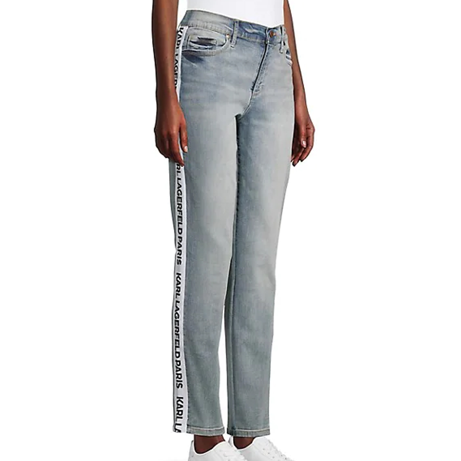 KARL LAGERFELD PARIS Cotton Blend Skinny Mid-Rise Side Logo Tape Jeans