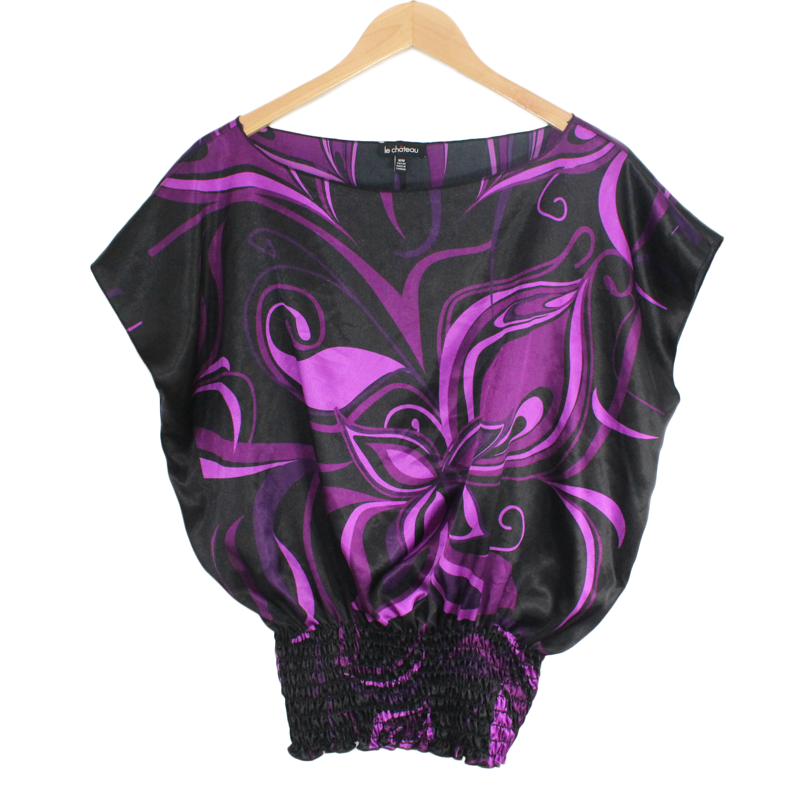 LE CHATEAU Satin Boat Neck Purple Black Top - Medium