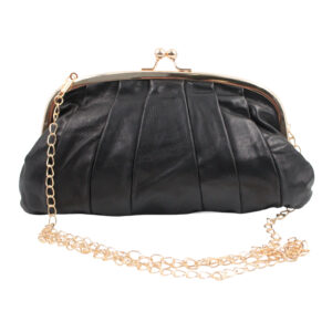 Leather Kiss Lock Shoulder Crossbody Gold Chain Black Clutch Bag