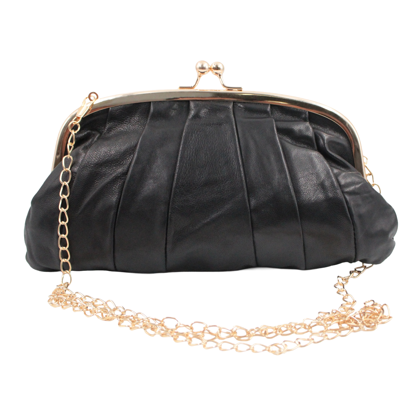 Leather Kiss Lock Shoulder Crossbody Gold Chain Black Clutch Bag