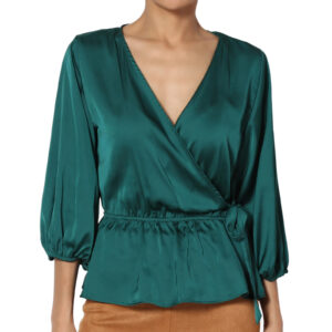 Love Tree Satin Peplum Side Tie Elastic Waist Green Top