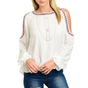 LOVERICHE Viscose Cropped Cold Shoulder Embroidered Ivory Top