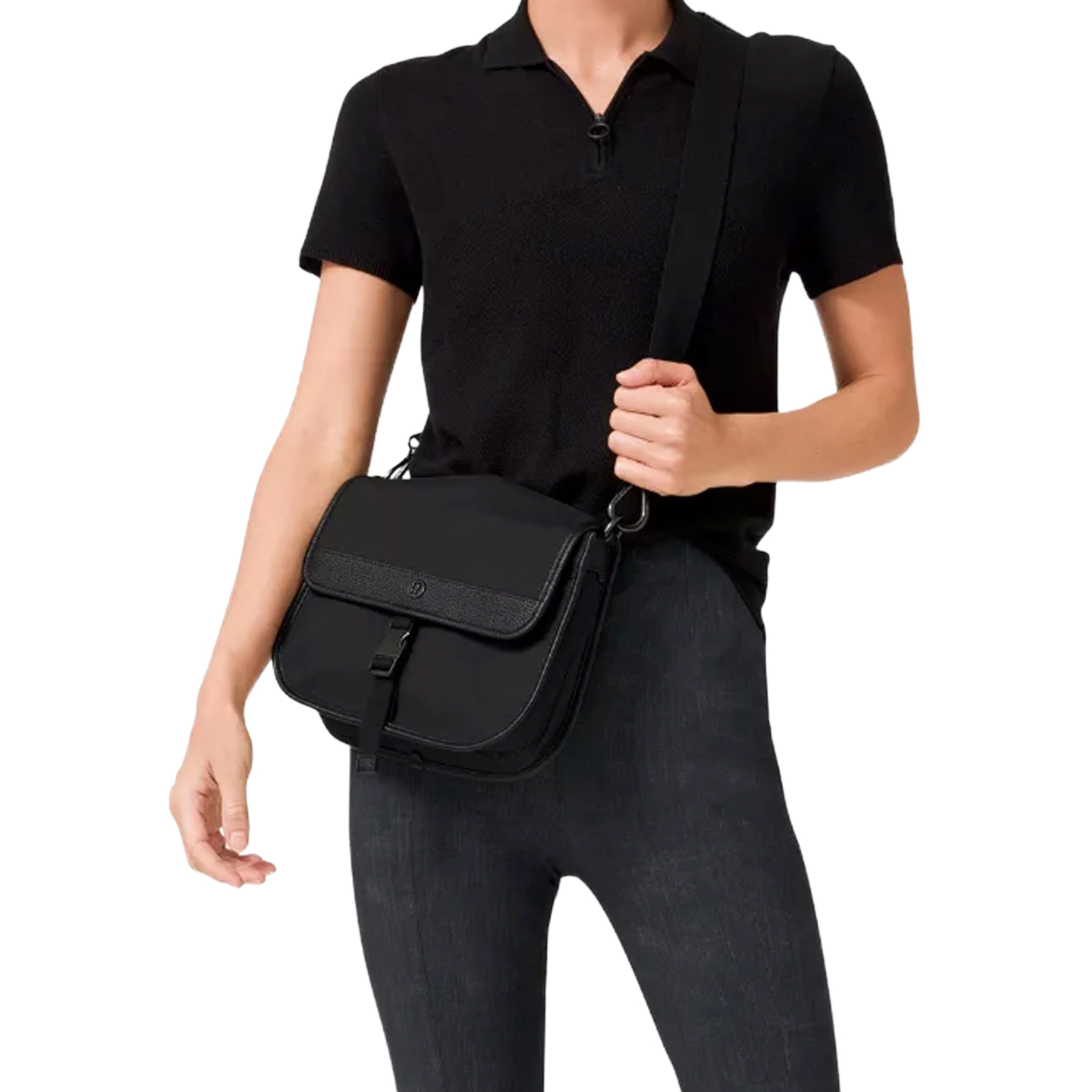 LULULEMON Now & Always Leather Trim Expandable Crossbody Shoulder Black Bag LULULEMON Now & Always Leather Trim Expandable Crossbody Shoulder Black Bag
