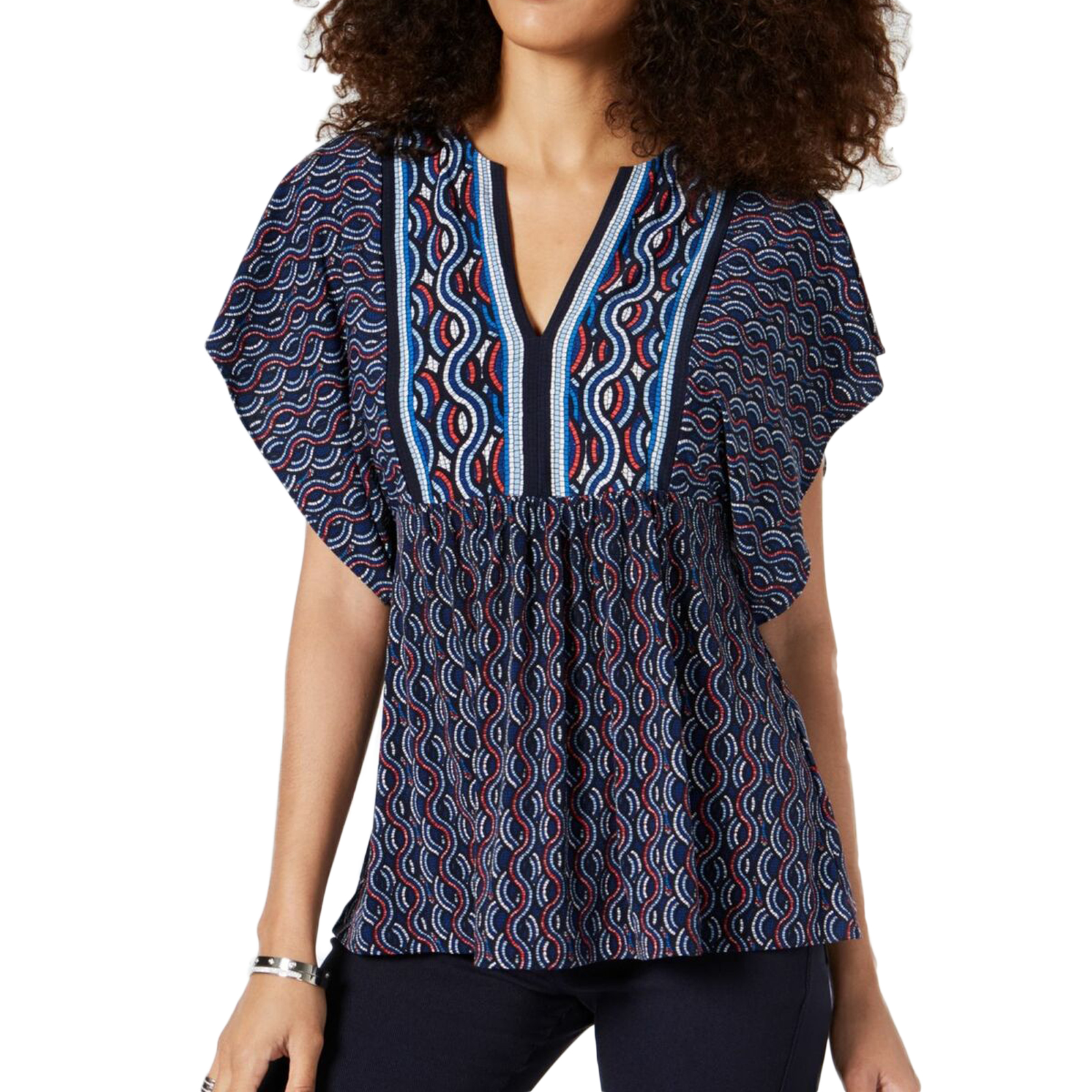 MICHAEL KORS Short Sleeve v-Neck Blue Multi-colour Top - Medium