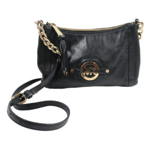 MICHAEL KORS Leather Zip Top Crossbody Gold Accent Black Bag