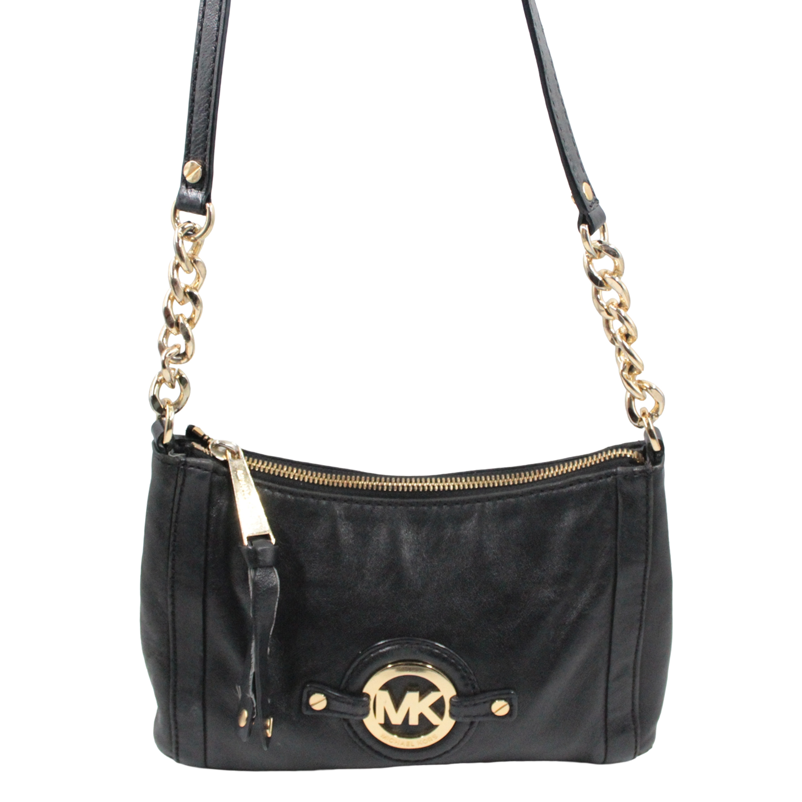 MICHAEL KORS Leather Zip Top Crossbody Gold Accent Black Bag MICHAEL KORS Leather Zip Top Crossbody Gold Accent Black Bag