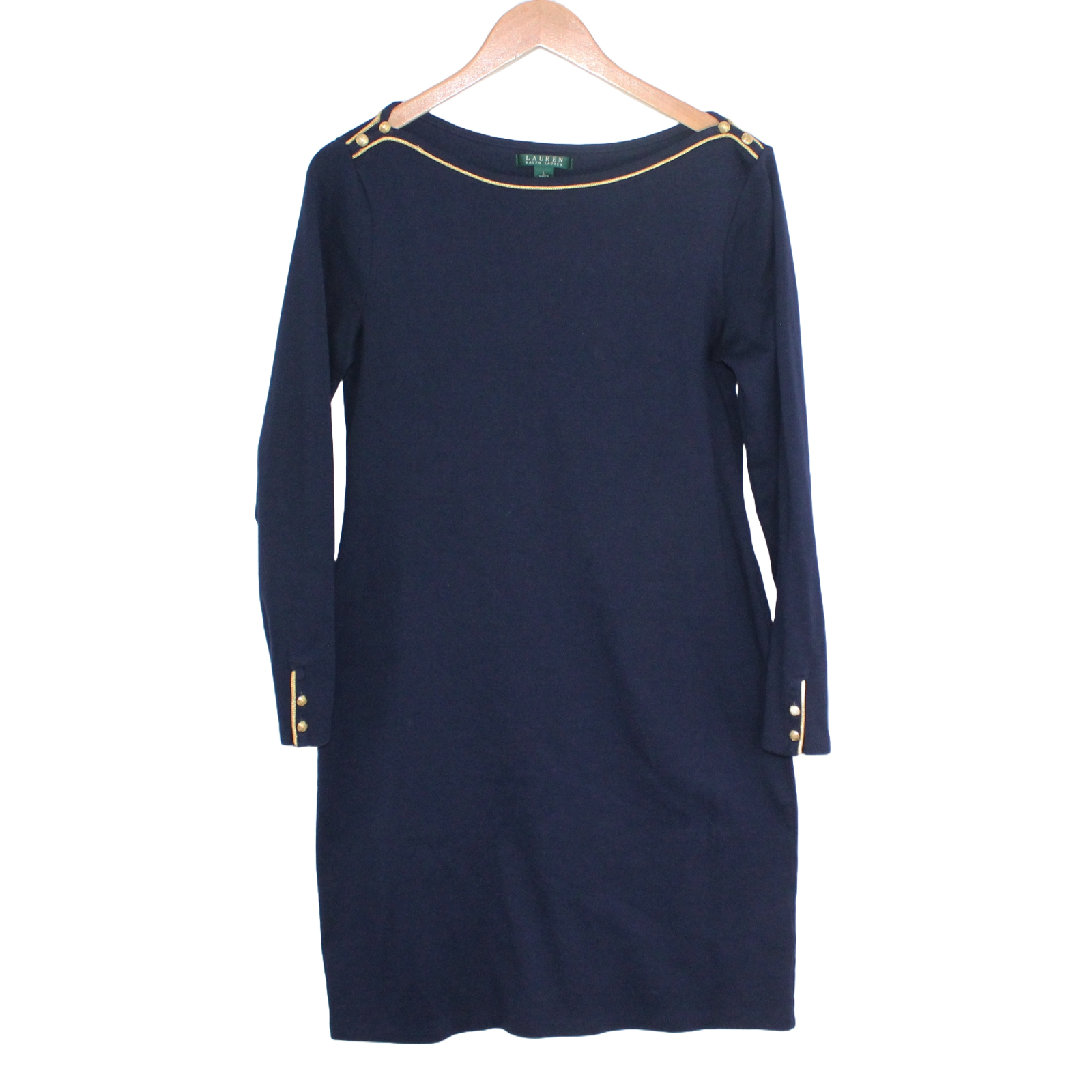 RALPH LAUREN Nautical Cotton Boat Neck Navy Blue Dress - Large