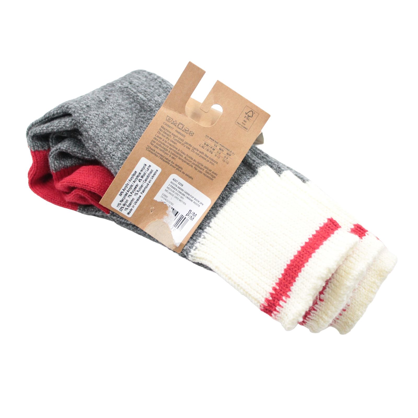 ROOTS Cabin Wool Blend Thick Grey Red Socks - 2 Pairs - S/M ROOTS Cabin Wool Blend Thick Grey Red Socks - 2 Pairs - S/M